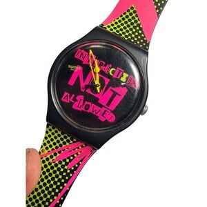 Swatch Interdiction Not Allowed Unisex Watch Black Neon Pink Yellow Swiss Made